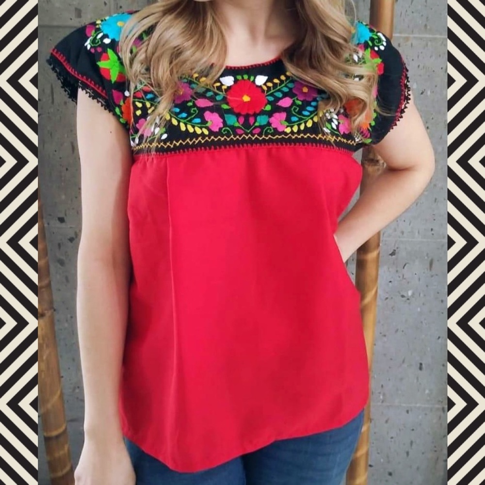 Mexican Floral Embroidered Red Blouse